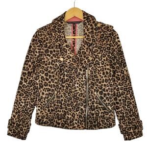 White House Black Market Women's Leopard Print Moto Jean Jacket Black Tan Size 8